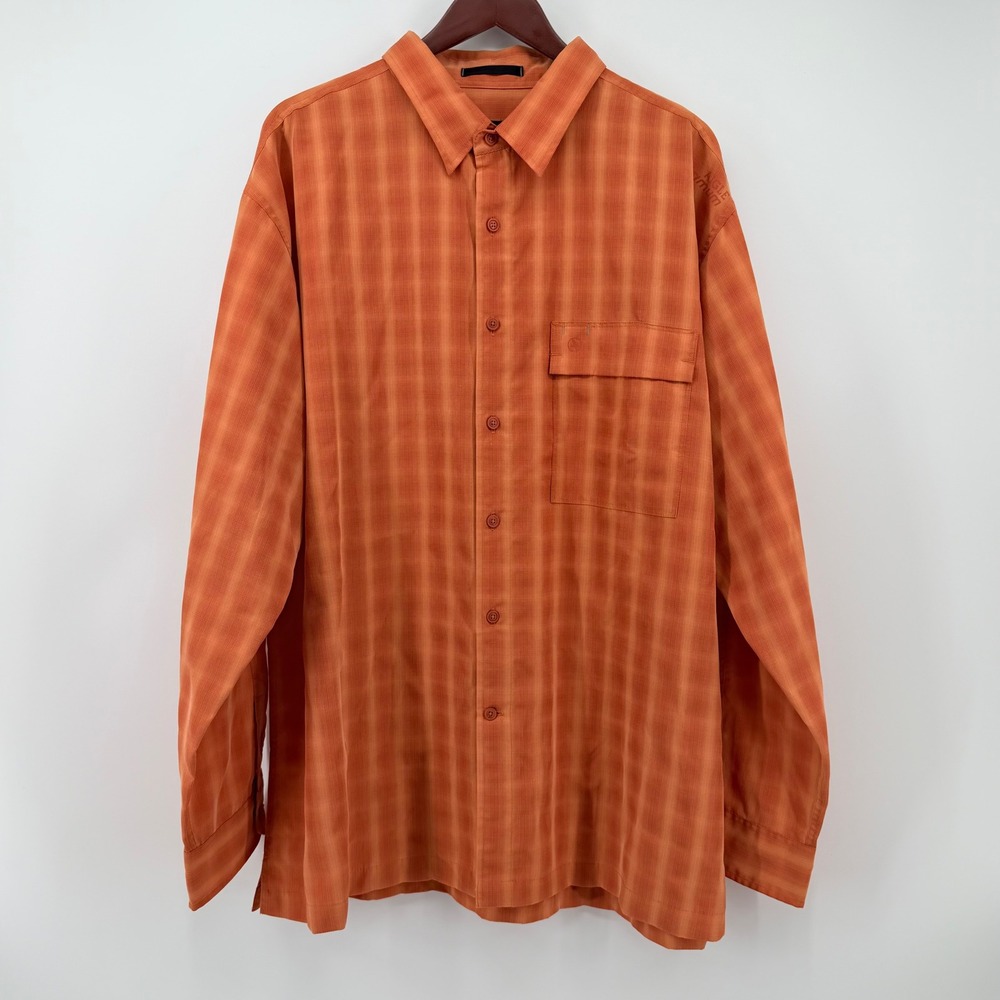 Aigle Actimum Men Size XXL Orange Grid Plaid Modal Blend Long Sleeve Tech Shirt